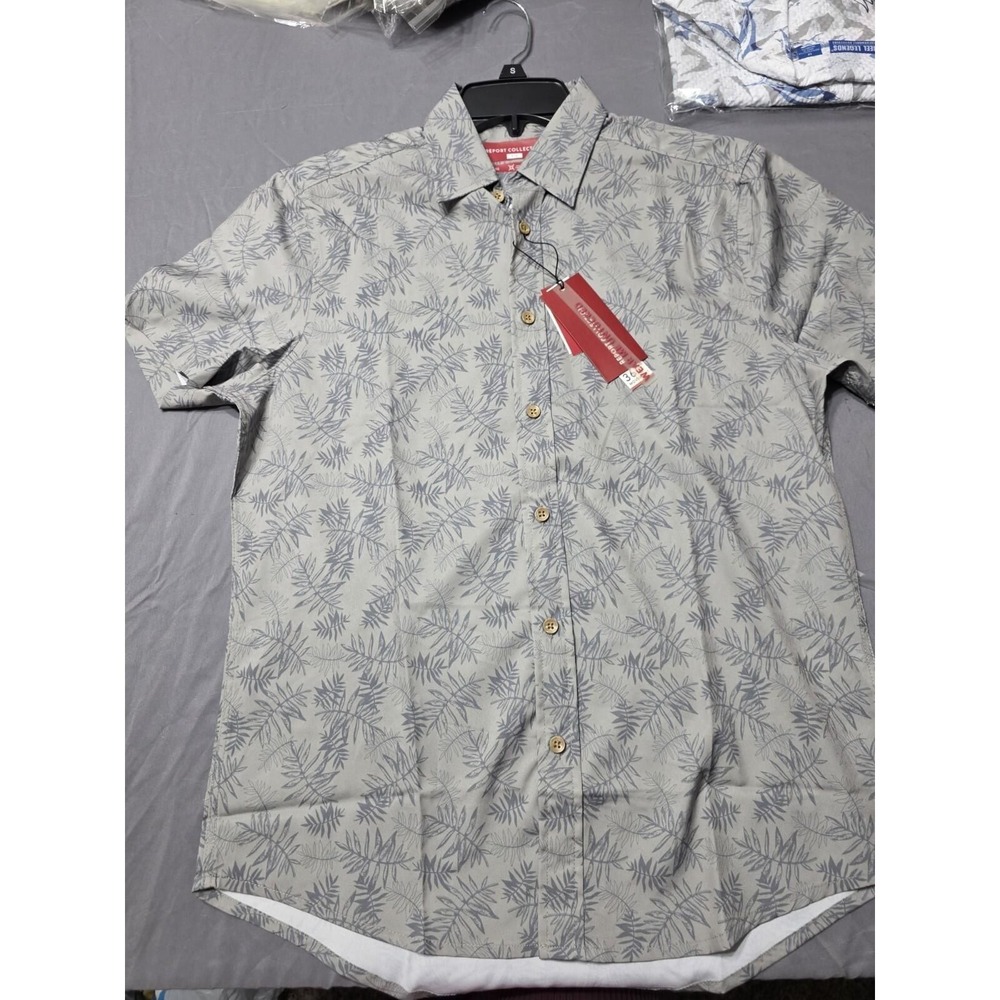 Report Collection Shirt Mens Small NWT Gray Leaf Button Up Short Sleeve